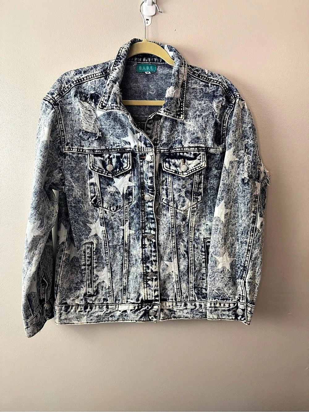 B.A.B.E. Star Print Distressed Jean Jacket Medium